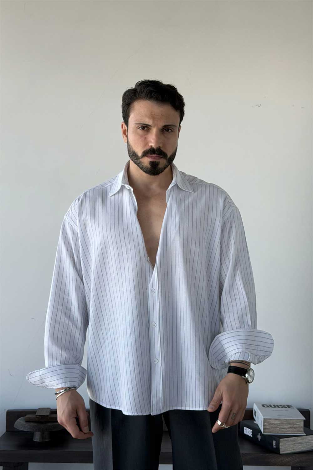 Πουκάμισο Lorien Viscose-Linen Oversize Stripe Studio – Λευκό