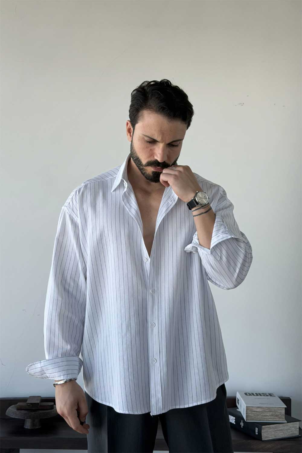 Πουκάμισο Lorien Viscose-Linen Oversize Stripe Studio – Λευκό