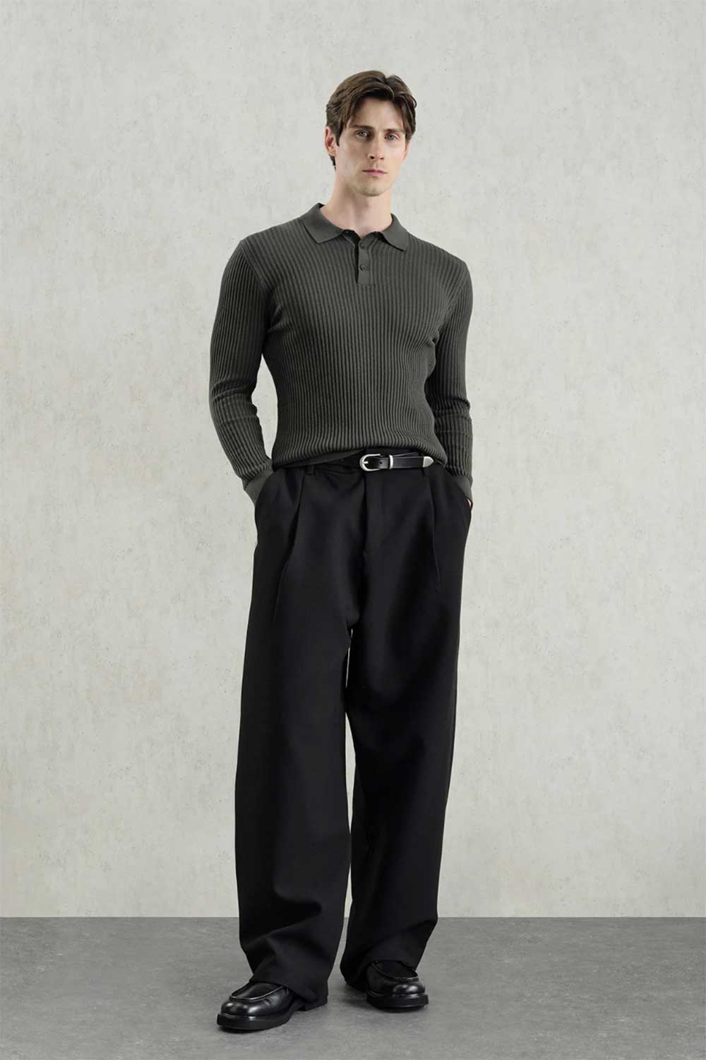 Ανδρική Πλεκτή Μπλούζα Polo Slim Fit με Κουμπιά – Χακί