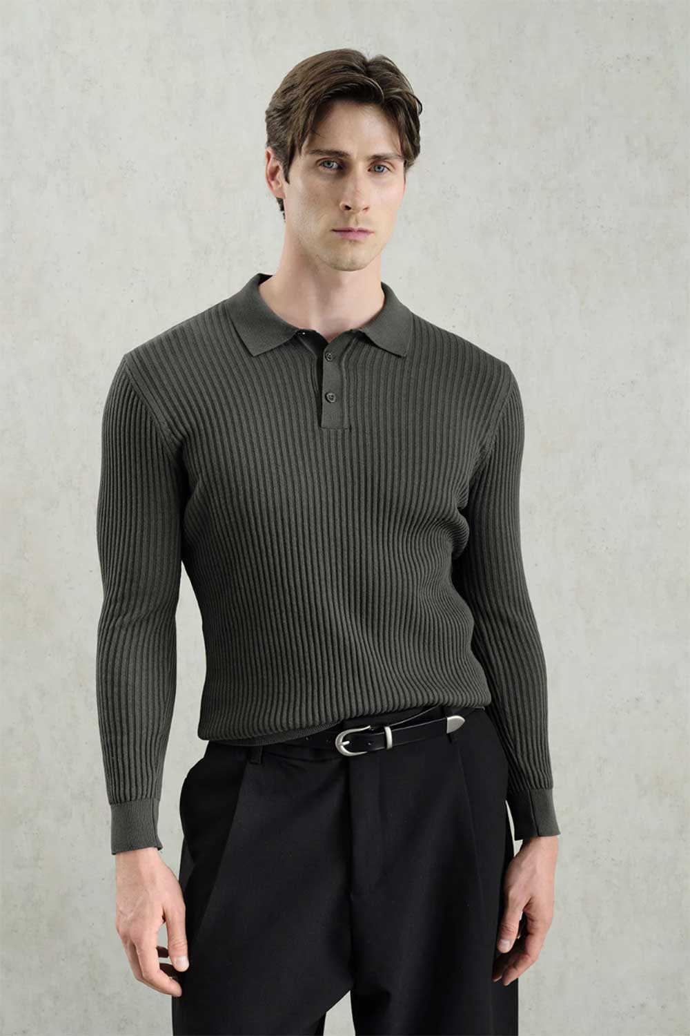 Ανδρική Πλεκτή Μπλούζα Polo Slim Fit με Κουμπιά – Χακί