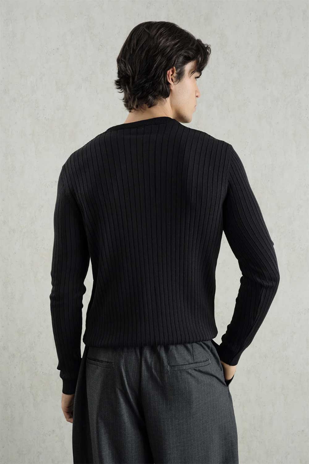 Ανδρική Πλεκτή Μπλούζα Slim Fit με Κουμπιά & Ριμπ Υφή – Μαύρο