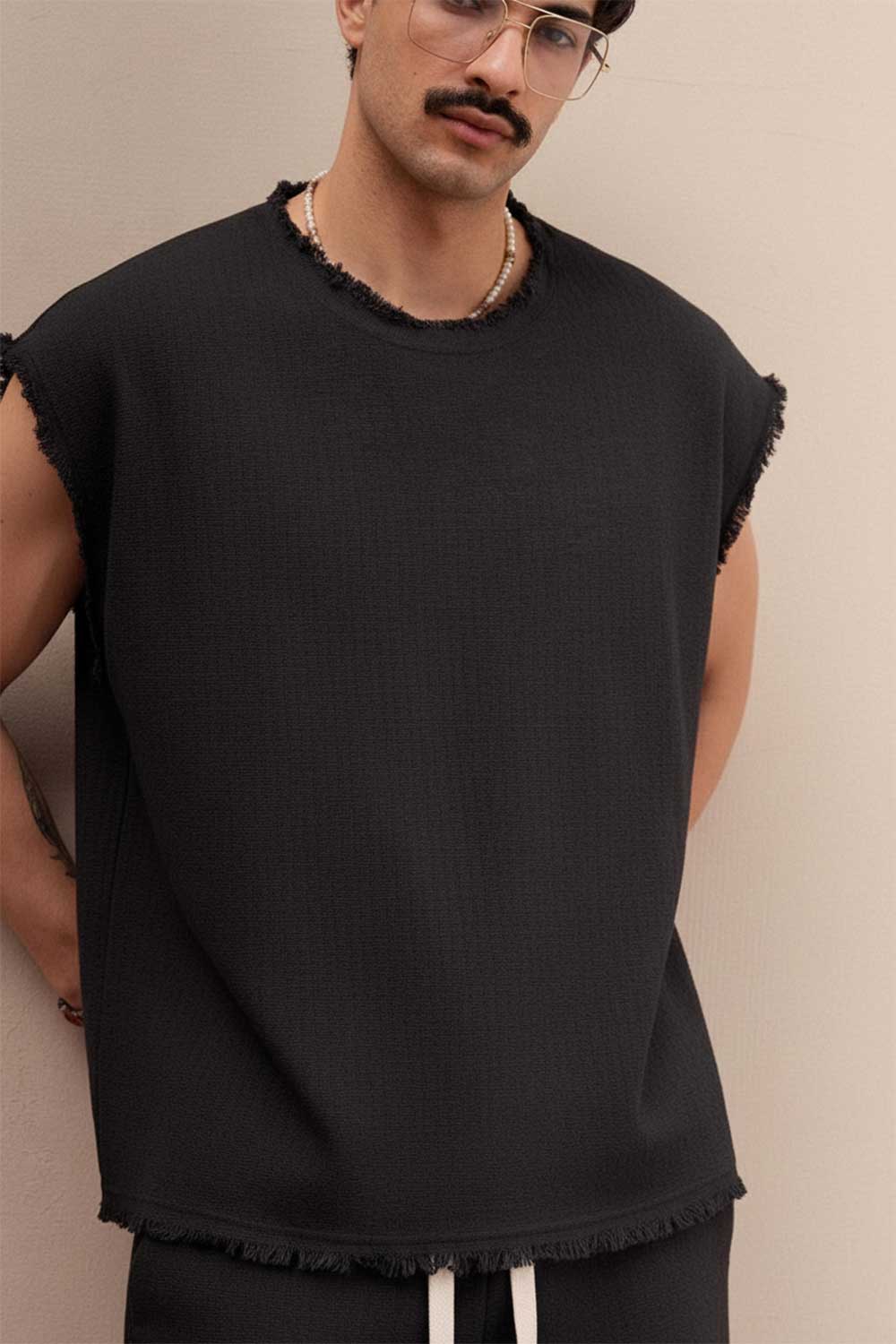 Raw Edge Waffle Αμάνικο  Oversized T-Shirt & Βερμούδα Σετ - Μαύρο