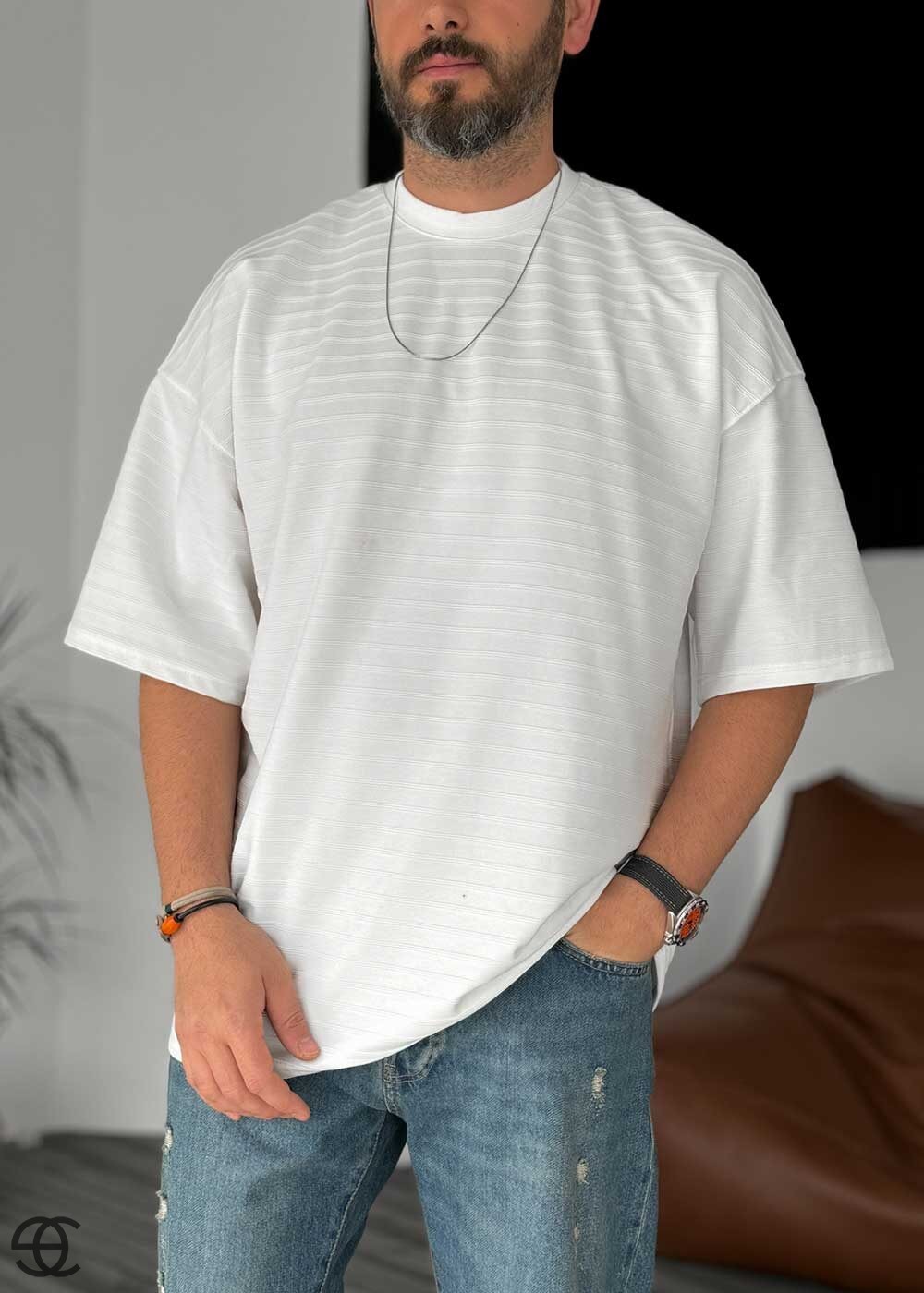 Oversized T-Shirt Με Ανάγλυφες Ρίγες - Λευκό