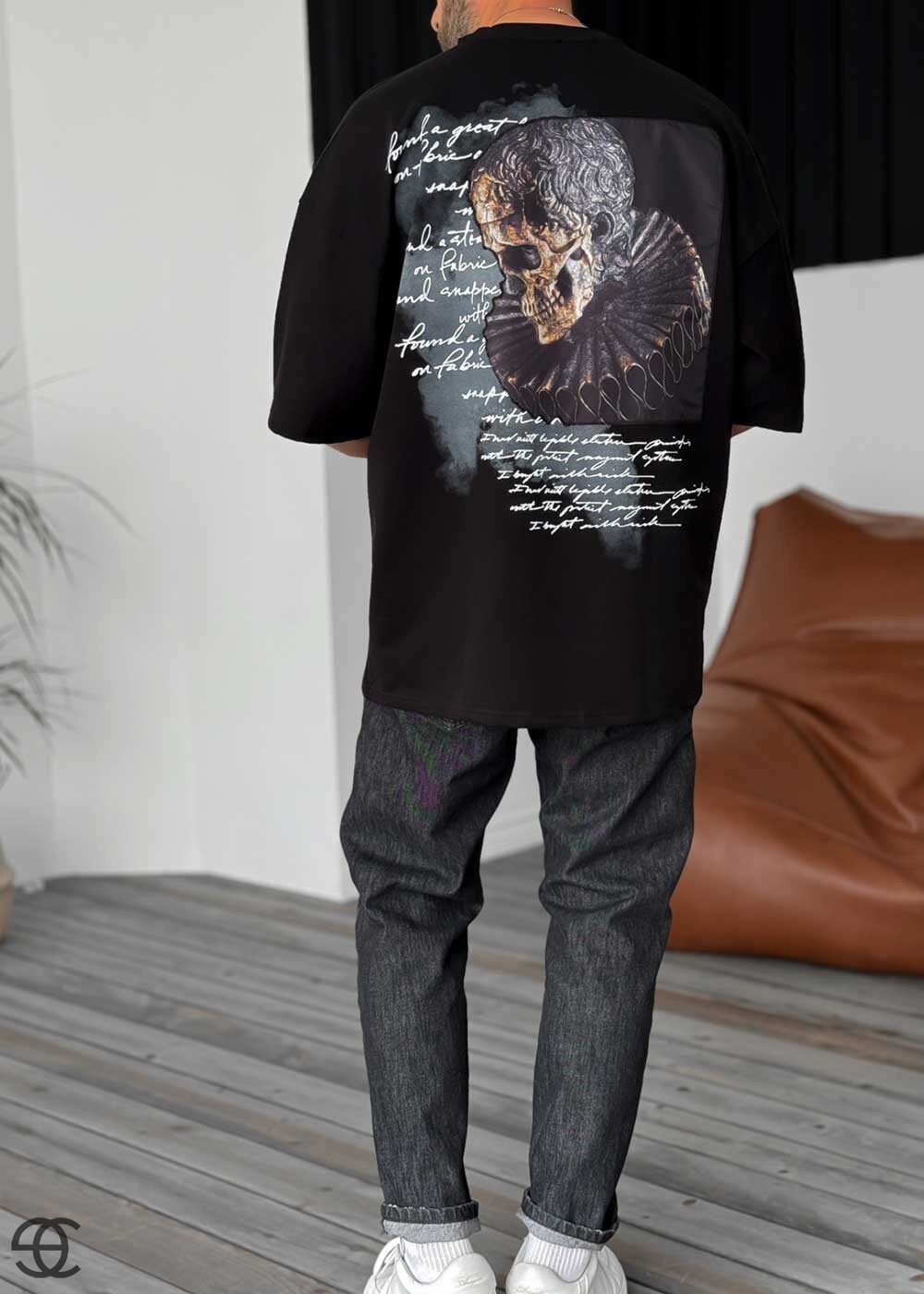 Skull Patches Oversized T-Shirt Με Σχέδιο - Μαύρο