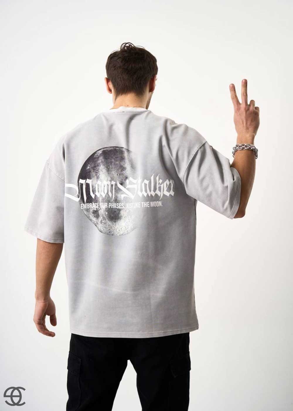 Moon Stalker Oversized T-Shirt Με Τύπωμα - Γκρι Σταχτί
